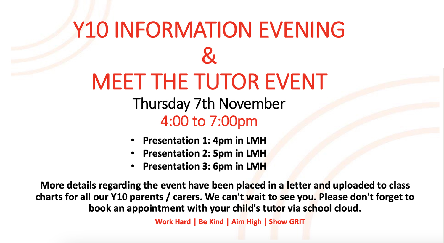 Year 10 info evening and meet the tutor event