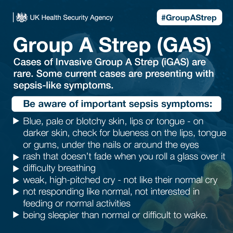 Group A Strep (GAS). Cases of Invasive Group A Strep (iGAS) are rare. Some current cases are presenting with sepsis-like symptoms. Be aware of important sepsis symptoms: blue, pale or blotchy skin, lips or tongue – on darker skin, check for blueness on th