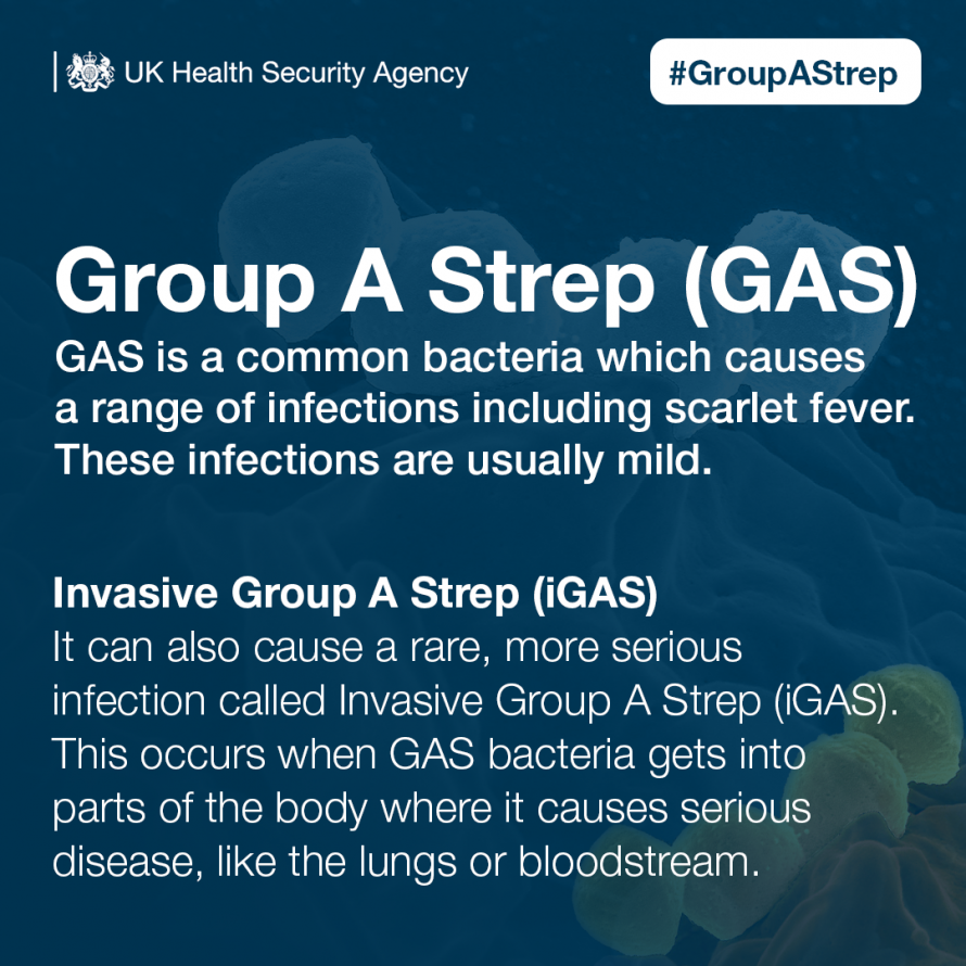 Group A Strep (GAS). GAS is a common bacteria which causes a range of infections including scarlet fever. These infections are usually mild. Invasive Group A Strep (iGAS). It can also cause a rare, more serious infection called Invasive Gr